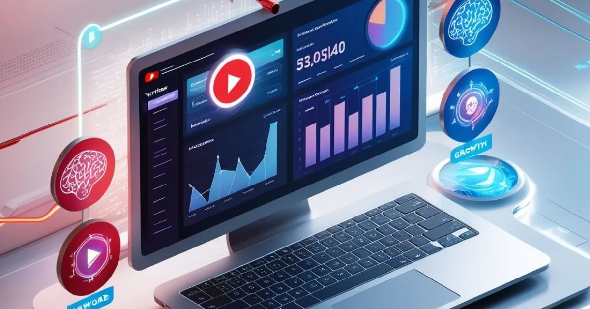 A futuristic digital dashboard displaying AI-driven YouTube analytics and SEO tools, surrounded by icons representing growth metrics and the YouTube logo.