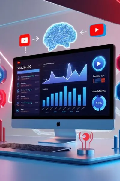  A tech-inspired interface showing YouTube analytics with growth charts, keyword trends, and AI-driven optimization insights.