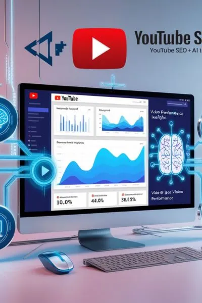 A vibrant YouTube play button icon alongside an AI neural network overlay and performance charts on a futuristic screen