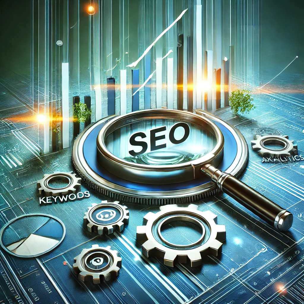 SEO optimization with a magnifying glass focusing on a rising graph and keywords.