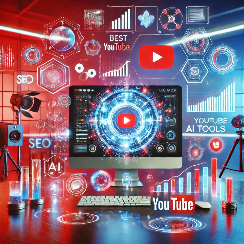 A digital dashboard of AI tools optimizing YouTube content creation, with visuals of analytics charts, video editing, and SEO keywords.