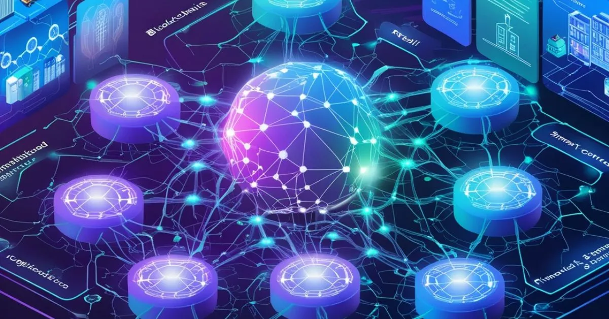 A futuristic illustration of Blockchain and AI integration in a Web 3.0 ecosystem, featuring interconnected digital nodes, neural-like glowing AI patterns, and icons for industries like logistics, retail, healthcare, and finance, in vibrant blue, purple, and green tones.