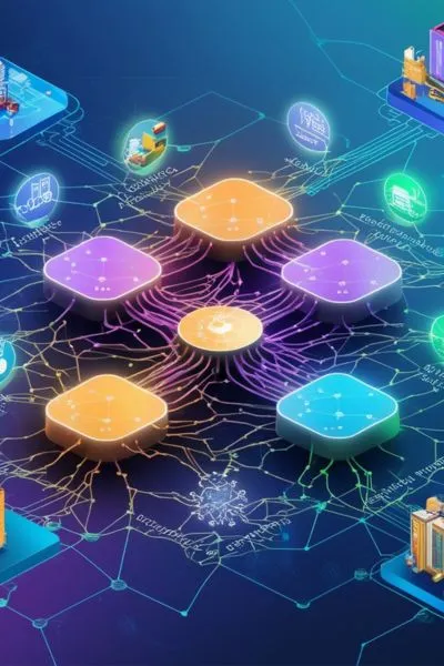 Vibrant digital artwork showcasing Blockchain networks and AI patterns in a Web 3.0 framework, representing industries like logistics and finance with glowing blue, purple, and green hues.