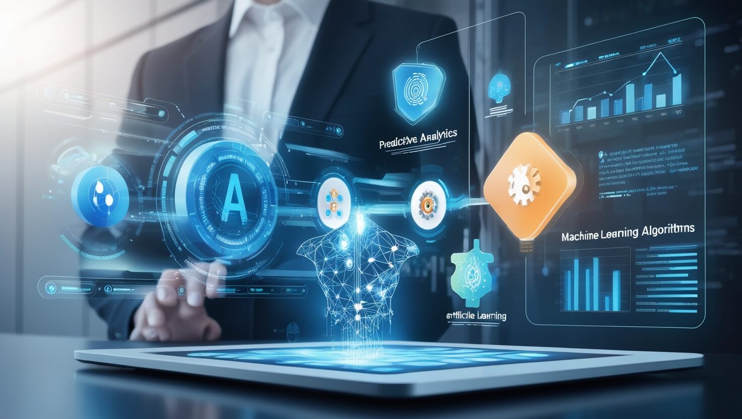Futuristic digital interface showcasing AI-driven data analysis, predictive analytics, and real-time decision-making
