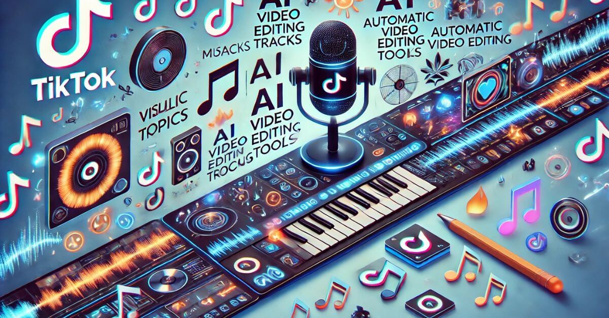 "An engaging TikTok video editing interface with AI-powered features, showing automatic editing tools, filters, and AI-generated music tracks. The design reflects creativity and innovation in video creation."