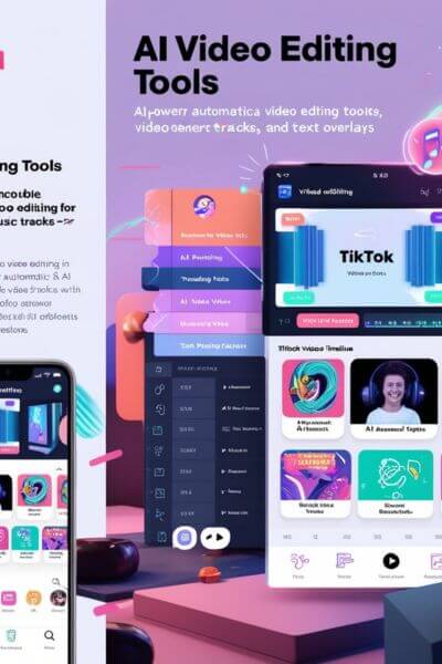 "A vibrant TikTok video editing screen powered by AI, showcasing features like auto-editing, music synchronization, trending content suggestions, and creative filters with a futuristic design aesthetic."