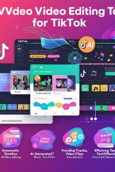"An innovative TikTok editing dashboard enhanced by AI features, including auto-cropping, personalized effects, music selection, and trend insights, set against a vibrant and creative background."
