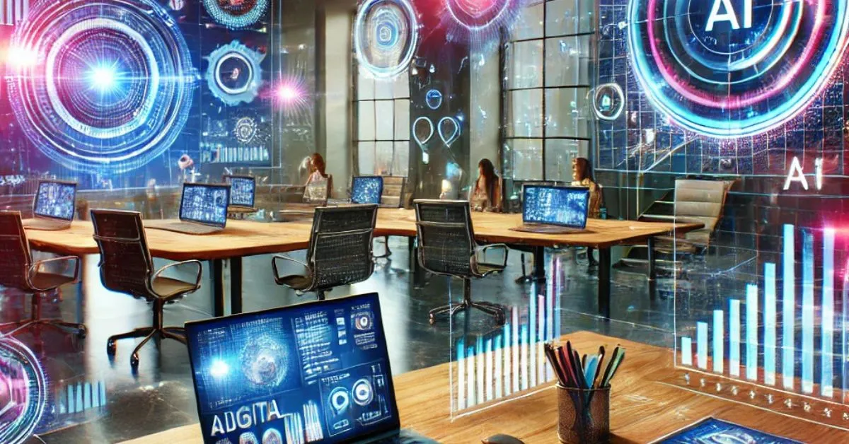 Futuristic digital marketing workspace with AI tools and analytics dashboards for audience targeting and data insights.