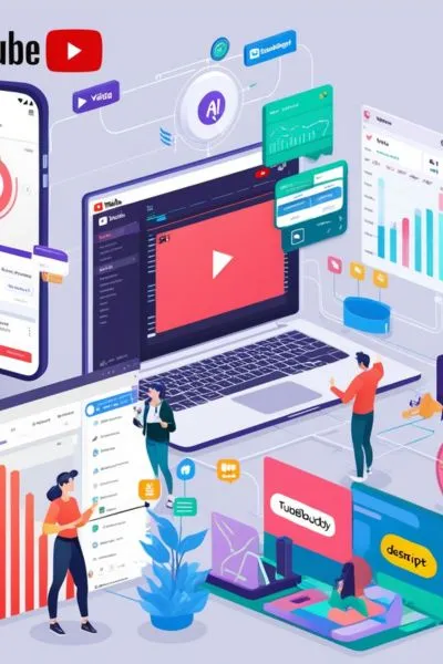 "Modern marketing setup with AI dashboards and advanced analytics tools for precise audience engagement."