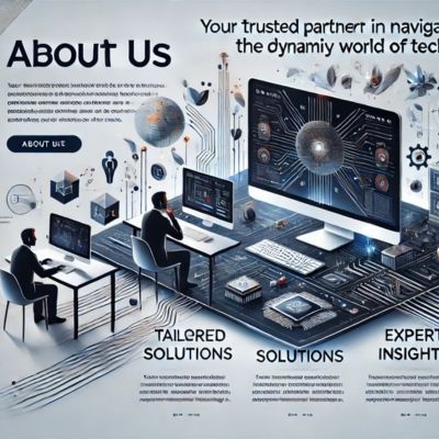 About Us page design for UseEasyTech.com, showcasing a modern, tech-focused layout with a sleek color scheme, technology visuals, and icons representing tailored solutions, expert insights, and cutting-edge tools