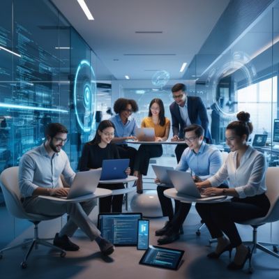 Team of diverse tech experts collaborating in a modern workspace, surrounded by digital tools and innovative technology, reflecting expertise and innovation