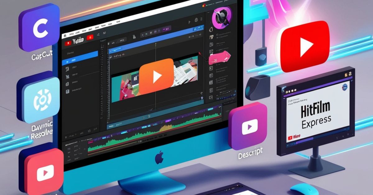 Creative workspace with a computer screen showing video editing tools like CapCut, DaVinci Resolve, Descript, and HitFilm Express, surrounded by YouTube branding elements.