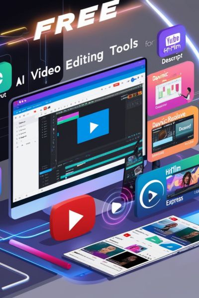 A digital workspace filled with AI video editing tools for YouTube, featuring CapCut, DaVinci Resolve, and other platforms, with glowing digital effects and YouTube branding.