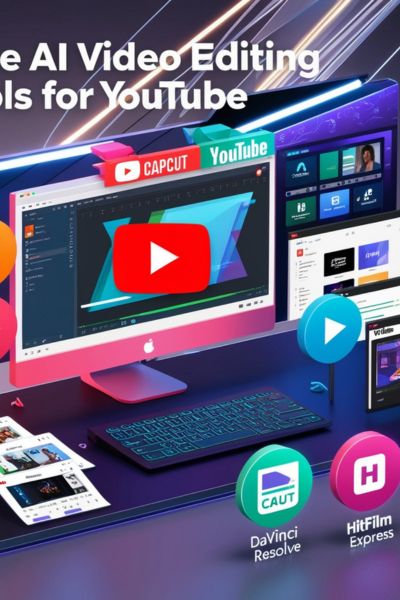  Futuristic workspace displaying free AI video editing tools for YouTube, with a focus on DaVinci Resolve, Descript, CapCut, and HitFilm Express.