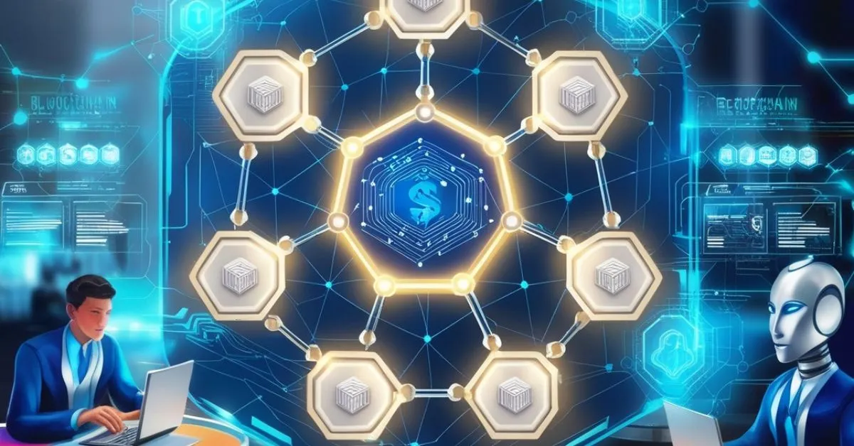 A digital artwork illustrating the integration of blockchain and AI technologies for startups. It features a glowing blockchain network, neural network patterns, and a futuristic robot face, symbolizing security, automation, and innovation in business.