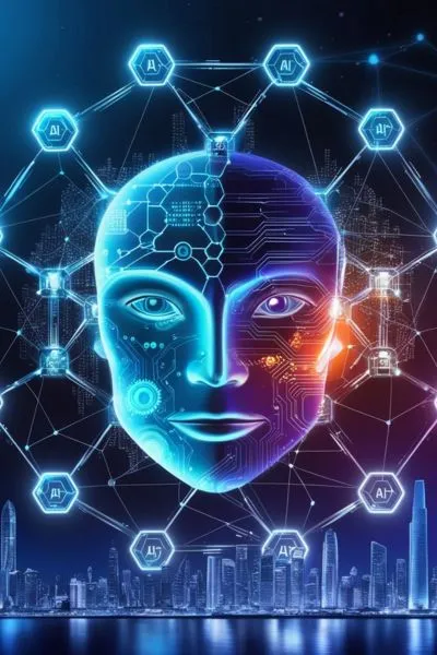 A digital artwork showing the fusion of blockchain and AI technologies, with blockchain nodes and AI neural networks, representing the impact on startup businesses. The futuristic environment demonstrates innovation and automation.