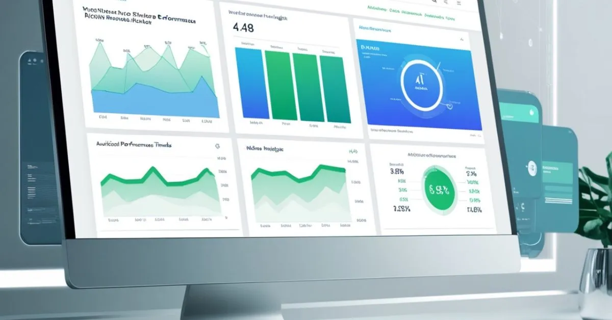"A sleek digital workspace displaying YouTube performance analytics with AI-powered insights and graphs on a computer screen."