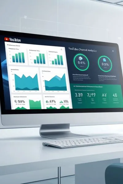 "A professional setup showing a computer screen with YouTube analytics, featuring charts, graphs, and AI-based insights for performance optimization."