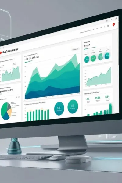 Futuristic workspace with a computer screen displaying AI-powered YouTube analytics, featuring graphs and insights to track video performance.