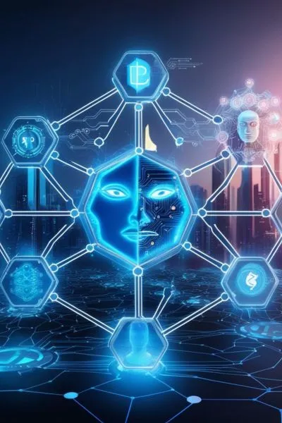 A digital artwork depicting blockchain and AI integration, with hexagonal nodes connected in a glowing network. Neural patterns, data streams, and a futuristic robot face emphasize AI's intelligence. The background features a sleek, modern city skyline with neon hues.