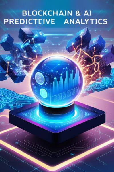 "Digital representation of Blockchain AI in predictive analytics with glowing data blocks, neural networks, and predictive graphs, set in a futuristic digital environment."