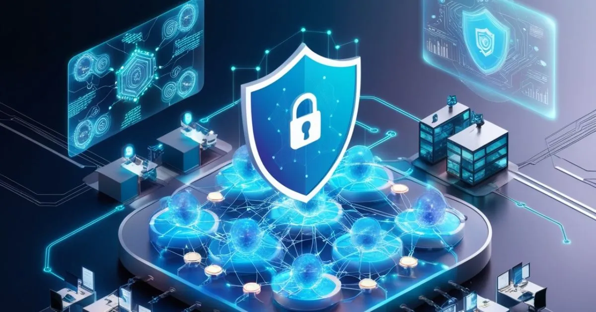 A digital illustration of AI tools integrated with blockchain technology, featuring interconnected nodes, holographic neural networks, and a shield icon symbolizing advanced security measures for small businesses.