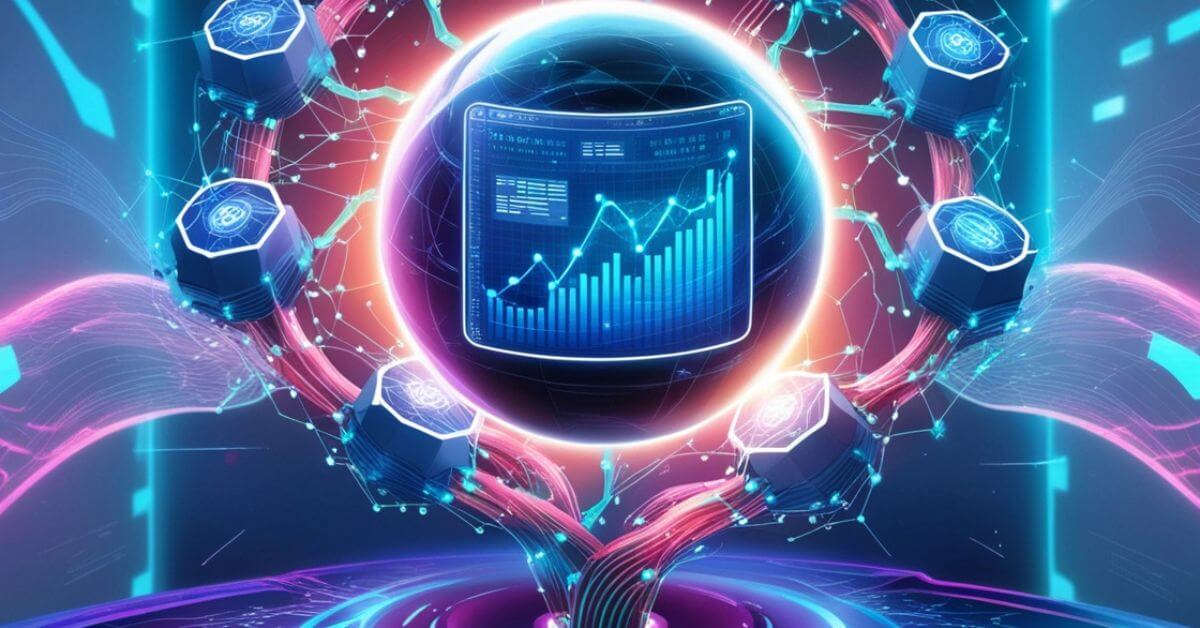 "Futuristic business environment showing AI-powered Blockchain tools with glowing data blocks and neural networks processing predictive analytics on a digital dashboard."
