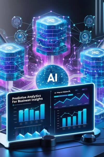 Visual representation of AI and Blockchain integration in business, with glowing data blocks and predictive graphs displayed on a digital screen.
