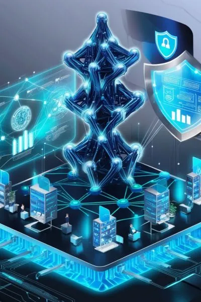 A glowing blockchain framework surrounded by AI elements like neural patterns and data streams, emphasizing automation and fraud prevention for startups.