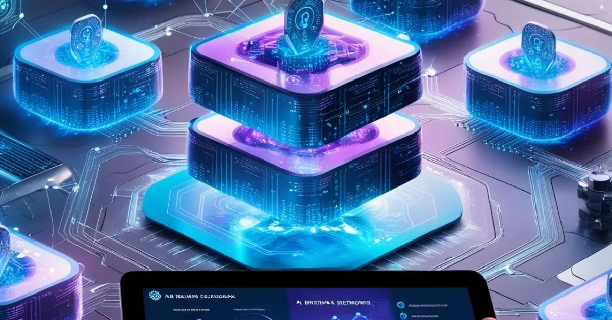 A futuristic illustration of Blockchain and AI integration, showcasing data nodes and digital connections.