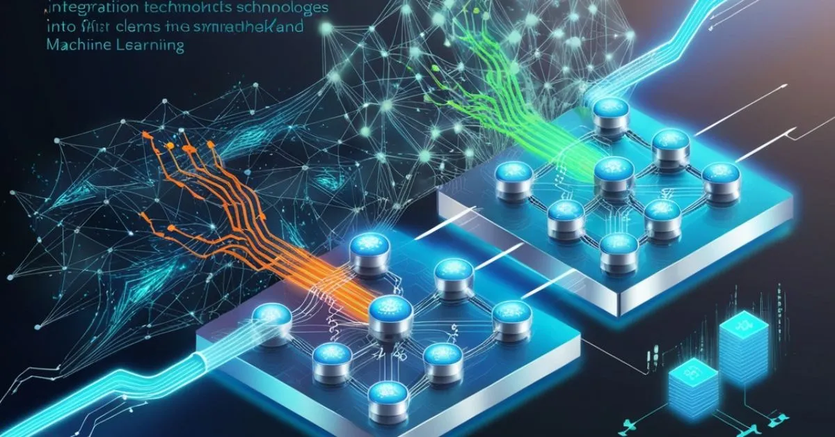 A futuristic illustration of blockchain nodes connected with dynamic neural network patterns, symbolizing the integration of blockchain and machine learning. Glowing data streams highlight the synergy between the two technologies.