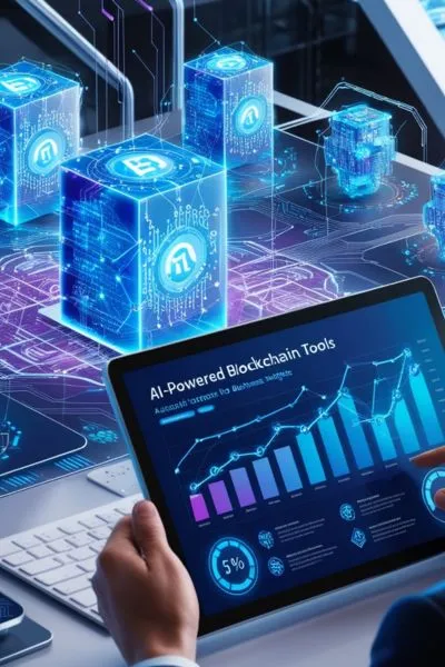 Depiction of a small business owner analyzing data on a holographic AI and Blockchain interface.