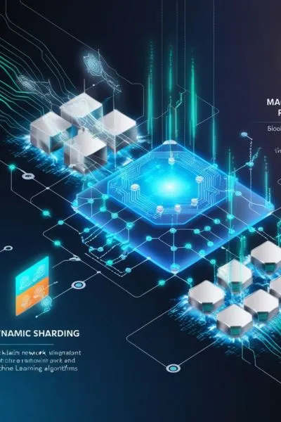 A glowing blockchain network with dynamic neural networks and data streams symbolizing the integration of machine learning and blockchain technology