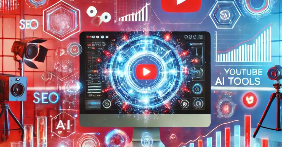 A futuristic digital workspace showcasing YouTube and AI automation tools, including video editing icons, analytics charts, and camera equipment.