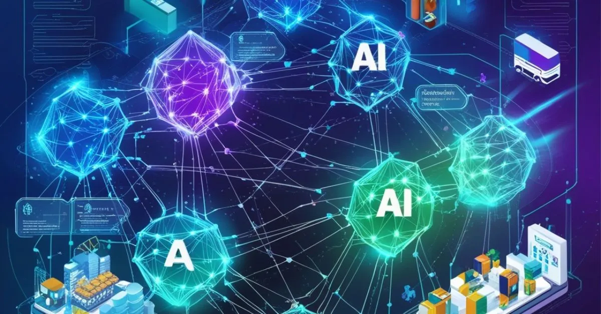 A futuristic illustration showcasing Blockchain and AI integration in a Web 3.0 ecosystem, with interconnected nodes, glowing AI neural patterns, and icons representing industries like logistics, retail, and healthcare