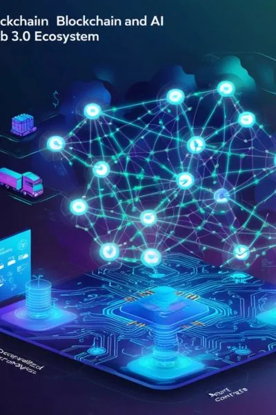 Digital graphic depicting AI algorithms intertwined with Blockchain networks, showcasing smart contracts and decentralized analytics in real-world business scenarios.