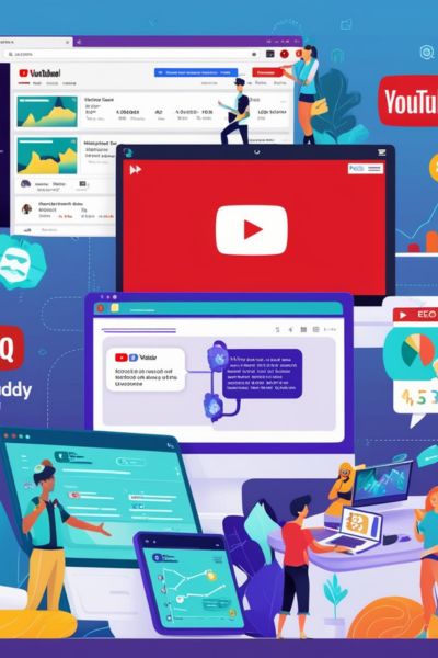  A vibrant scene of AI-powered video editing and graphic design tools, including features like auto-captions, thumbnails, and voiceovers.