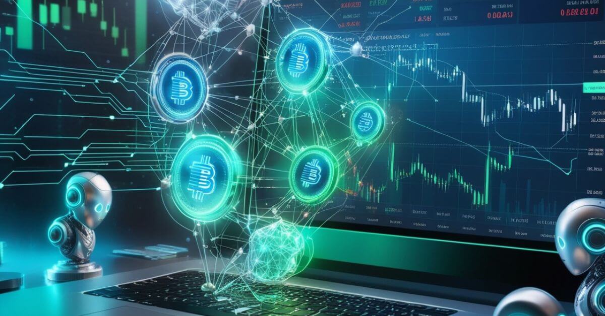 A digital illustration showcasing an AI-driven cryptocurrency trading platform, with glowing data streams, neural networks, and real-time trading graphs