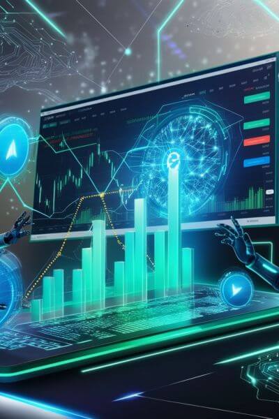  A conceptual digital artwork of AI predictive analytics in cryptocurrency trading, with an AI brain, data streams, and cryptocurrency symbols.