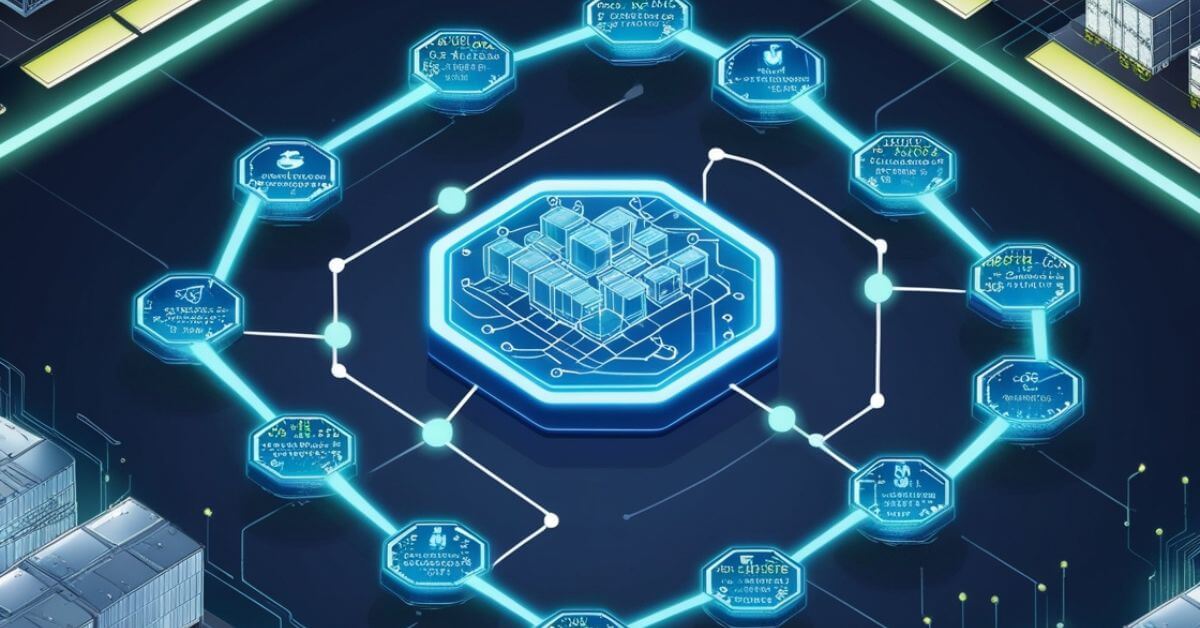 Illustration of a blockchain network optimizing supply chains with glowing nodes representing different stages like manufacturing and distribution.