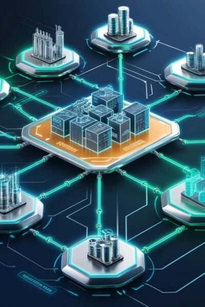  Illustration of blockchain and AI collaborating in supply chain optimization, featuring data streams connecting the technologies