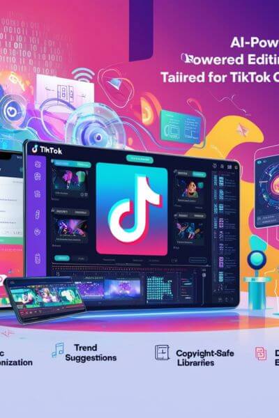 "A futuristic TikTok video editor powered by AI, displaying automated trimming, music integration, and copyright-safe filters."