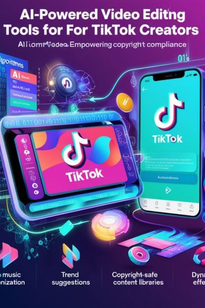 "A dynamic TikTok editing screen with AI features like trend tracking, copyright checks, and creative effects, set against a tech-inspired background."