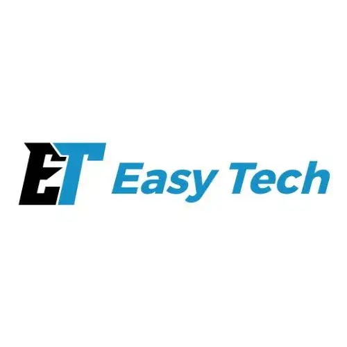 Easy Tech logo featuring bold, stylized letters 'ET' with the 'E' in black and the 'T' in blue, accompanied by the text 'Easy Tech' in blue.