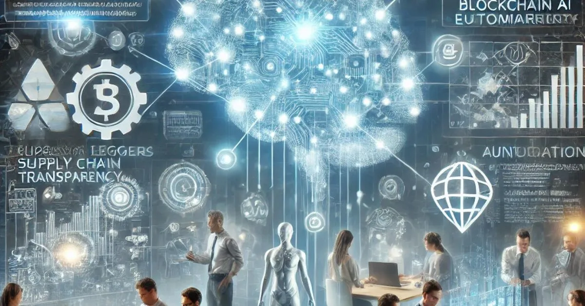 A futuristic office setting illustrating blockchain and AI integration, with glowing neural circuits and digital ledgers being analyzed. Entrepreneurs interact with holographic dashboards displaying supply chain and analytics.