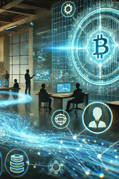  A sleek workspace featuring a digital AI system visualizing data flow through blockchain nodes. Entrepreneurs collaborate on holographic screens displaying analytics and automation.