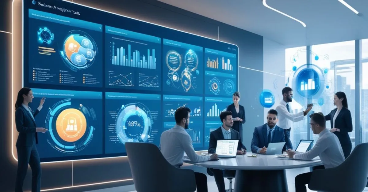 2025 business analytics tools dashboard with AI-driven insights and data visualizations.