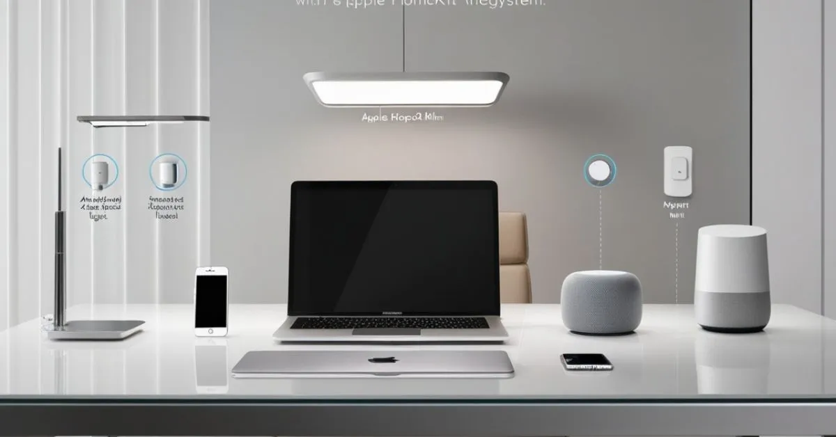 "A sleek home office showcasing Apple HomeKit integration with a MacBook, iPhone, and HomePod Mini, surrounded by smart devices like automated lights and a thermostat."