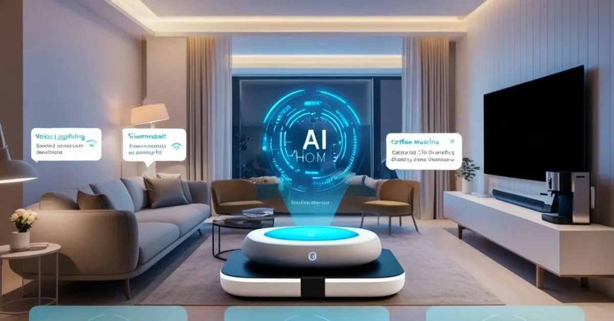 AI-powered smart home hub in a modern living room, surrounded by connected devices like smart lighting and thermostats, showcasing personalized automation and energy optimization.