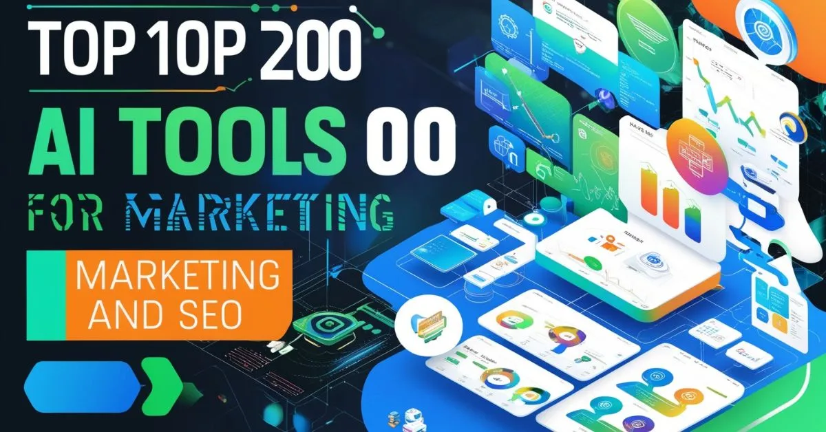 A visually appealing graphic showcasing the top 20 AI tools for marketing and SEO, with digital marketing icons and graphs.